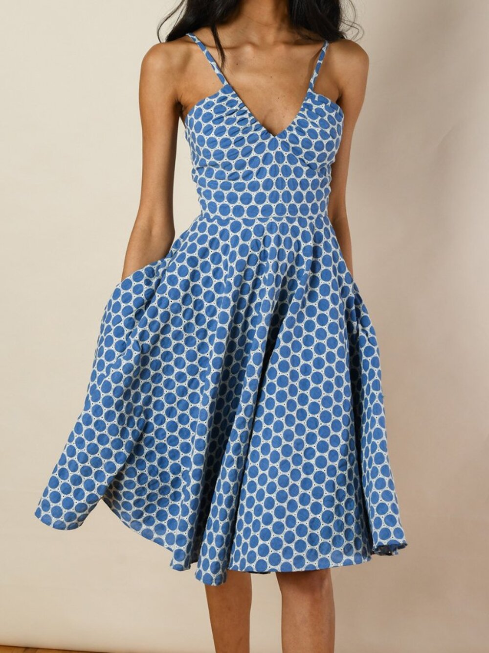 Hutch Teyana Denim Blue and White Embroidered Dot Spaghetti-Strap A-Line Dress